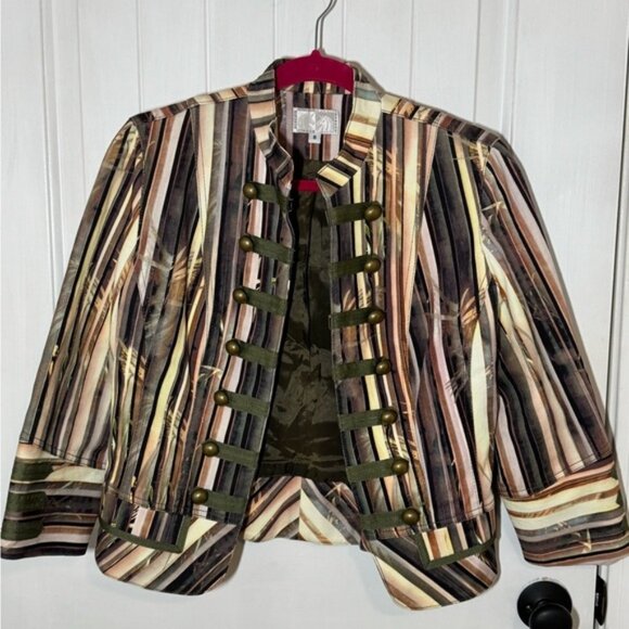 Alberto Makali- Green/Brown Bamboo Pattern-Hook Closure-Cropped Blazer Jacket - Picture 1 of 15